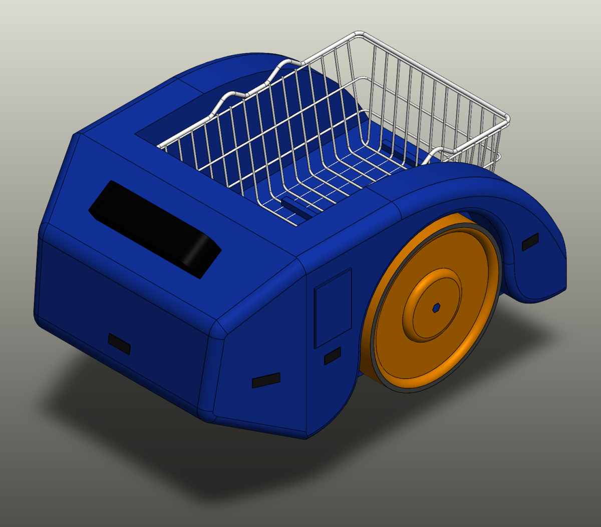 SolidWorks render of the production aesthetic concept: a rounded blue body with a large orange wheel and a wire basket