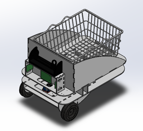 SolidWorks render of the functional prototype showing the laser-cut MDF chassis, electronics, and basket